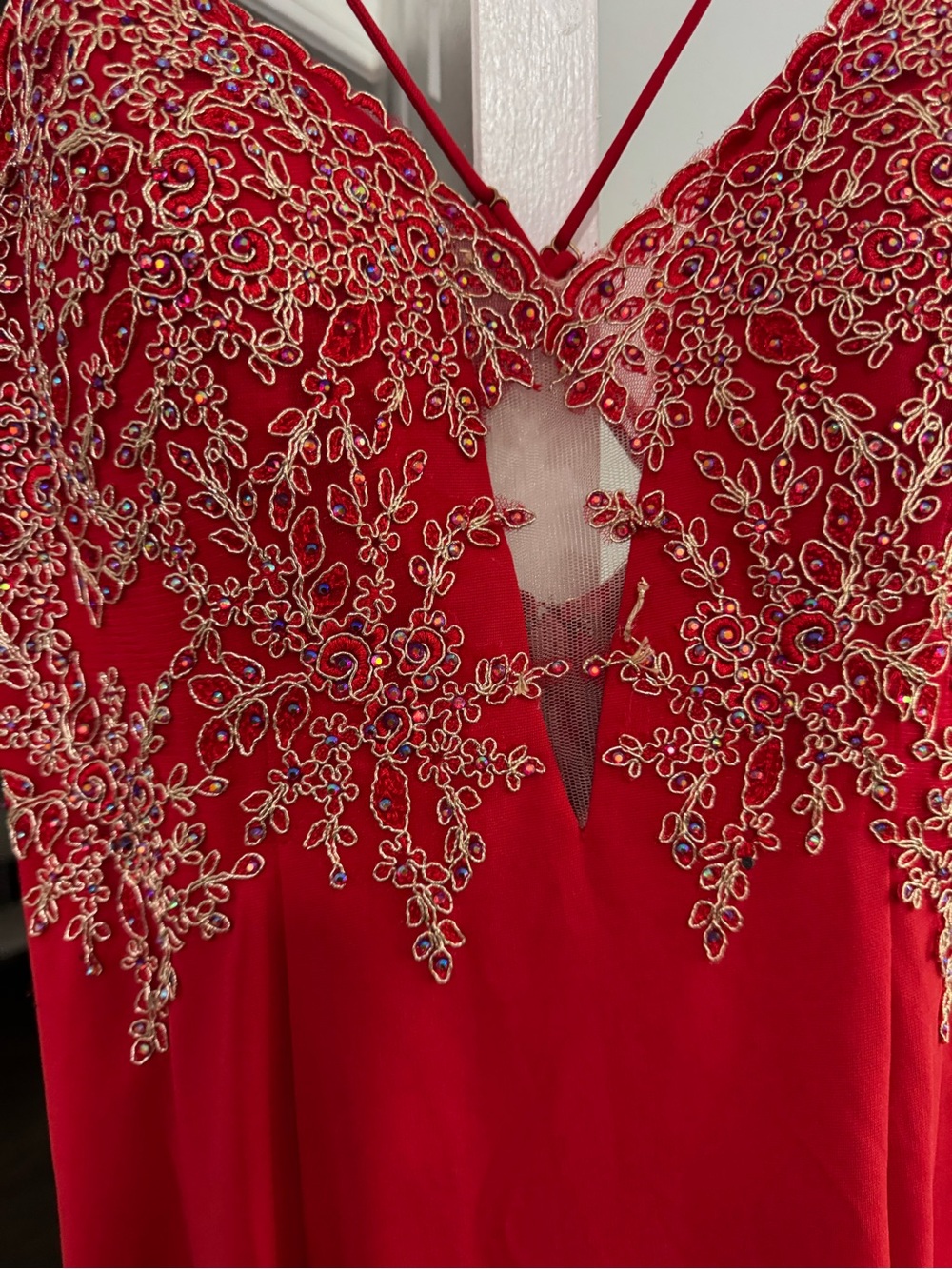 Red Beaded Lace-Accented Camisole Top
